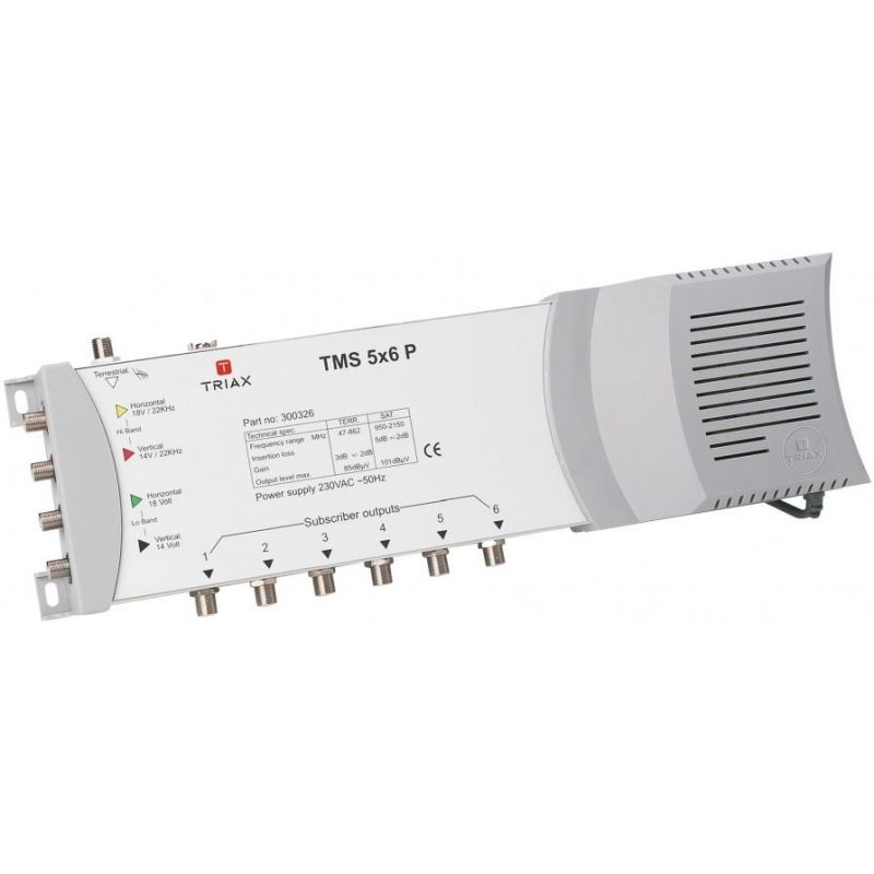 Triax TMS 5x6P Multiswitch End Switch 4 polarities + terrestrial for 6 receivers power supply included 5i/6o