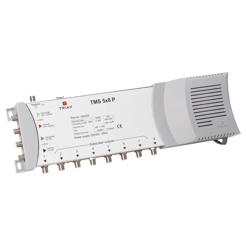 Triax TMS 5x8P Multiswitch Conmutador Final 4 polaridades + terrestre para 8 receptores alimentación incluida 5e/8s