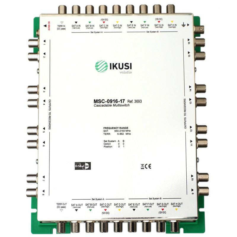 Ikusi MSC-0916 Multiswitch cascadable 9 entrées 16 sorties -17 dB