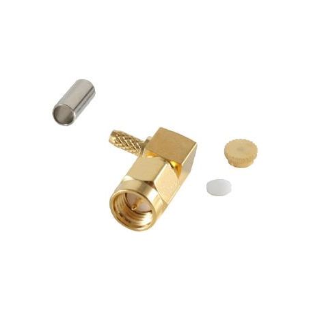 Conector SMA 90º, engarzado, versión angular, chapado en oro, RG 174 / U