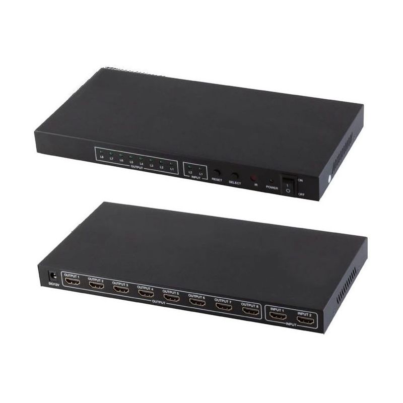 Switch/Splitter HDMI 2x8 (2 in 8 out). UHD 4K, 3D, HDCP