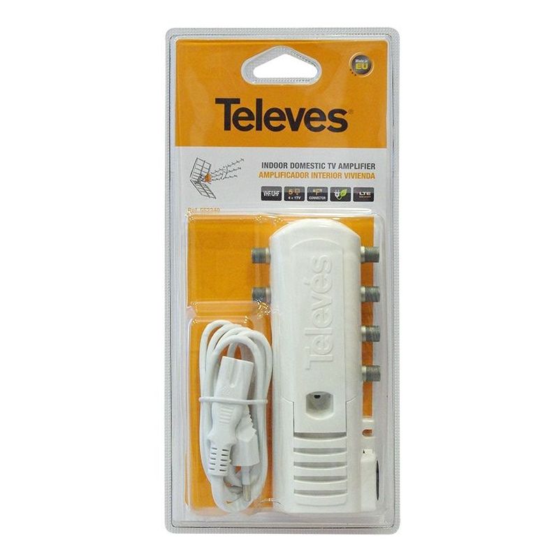 Amplificador interior de vivienda 2S+TV con ecualizador y retorno pasivo a conectores F gama CATV (5-862 MHz) Televes