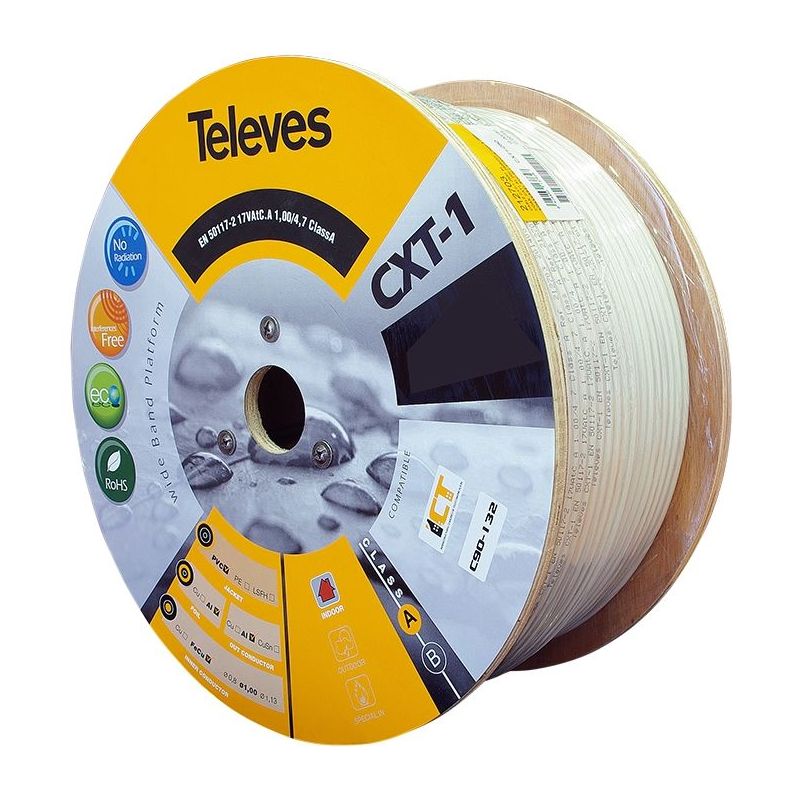 Câble coaxial bobine bois 250m CXT-1 17VAtC.A Blanc Televes